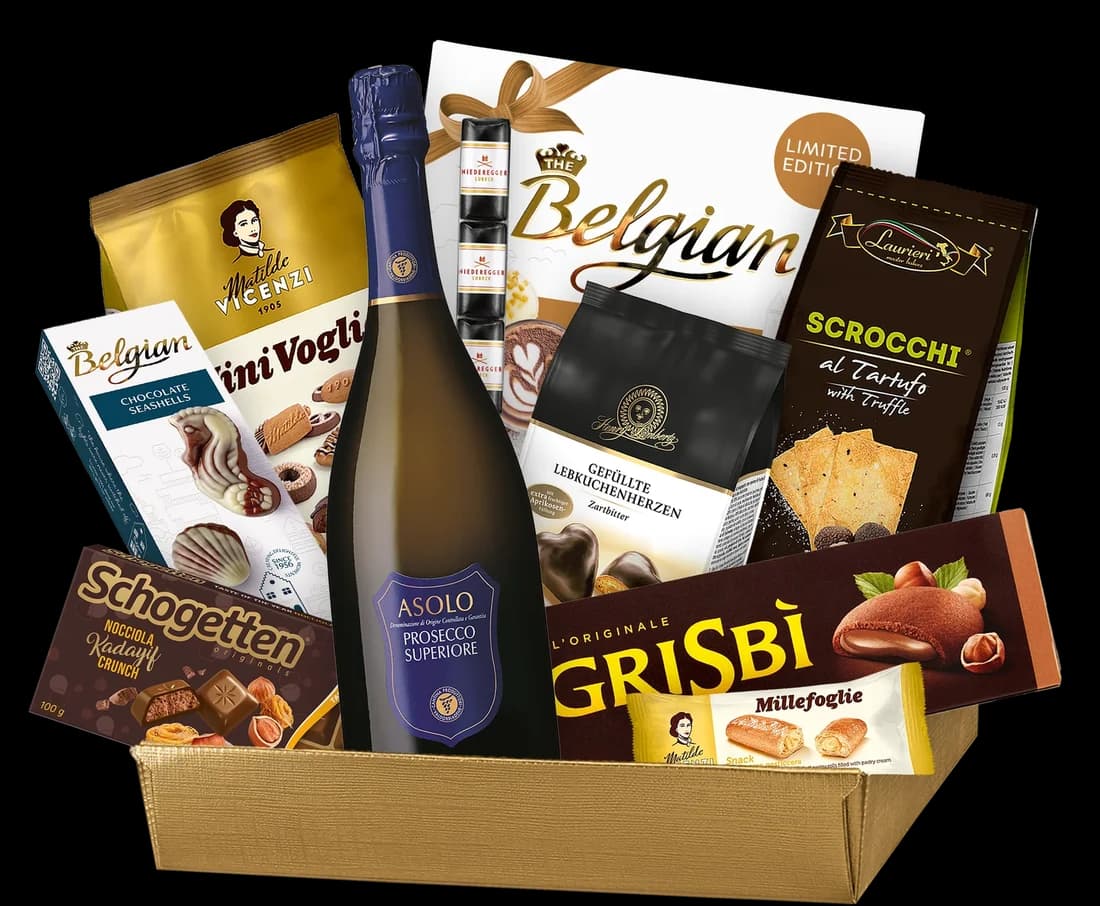 Pachet cadou Irene — cutie aurie cu ciocolată, biscuiți și vin spumant