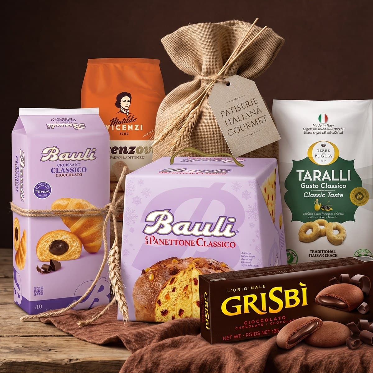 Selecție de patiserie italiană — panettone și croissante Bauli, biscuiți Matilde Vicenzi, taralli Terre di Puglia și Grisbì